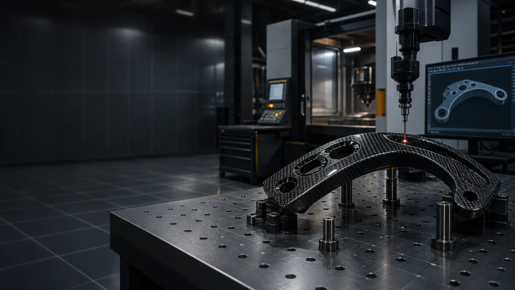 Carbon fiber part being inspected in a precision manufacturing bay
